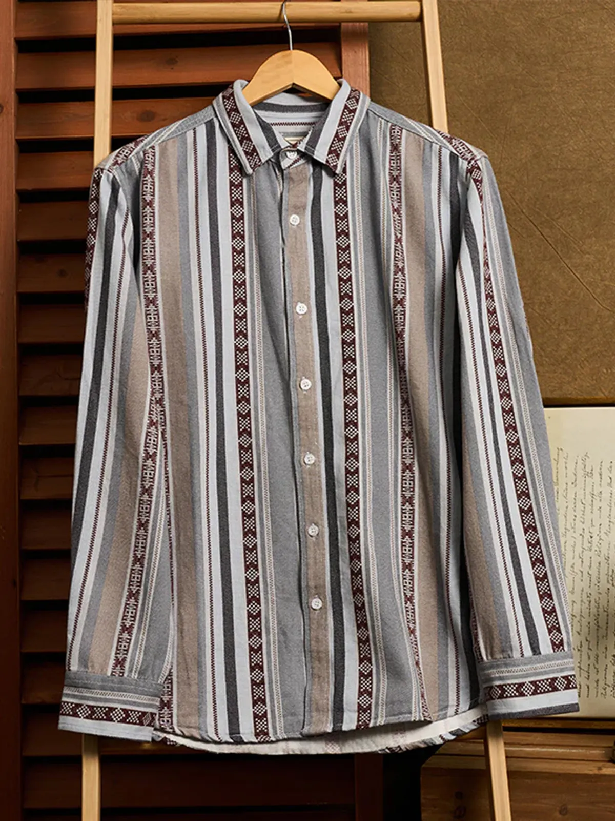 Ethnic-Style Multi-Stripe Long-Sleeve Shirt sold by Karaku product image thumbnail 5