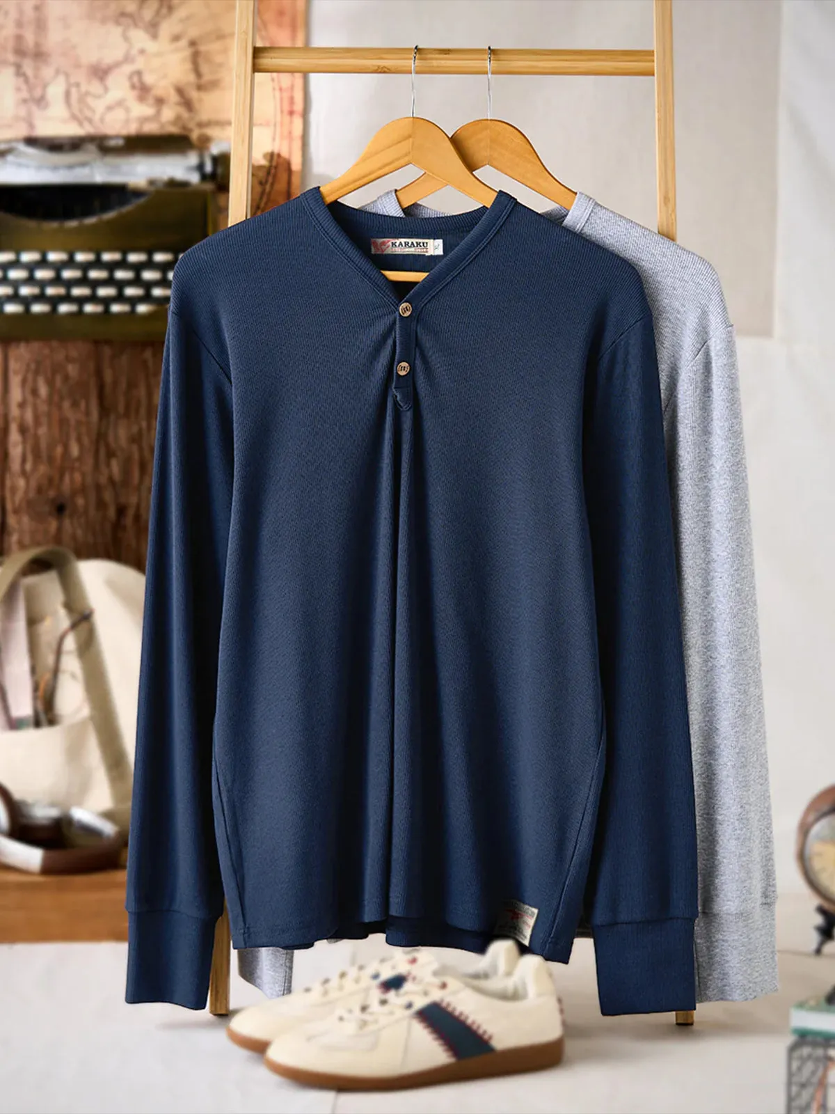 250g Heavyweight Henley Neck Solid Long Sleeve T-Shirt sold by Karaku product image thumbnail 4