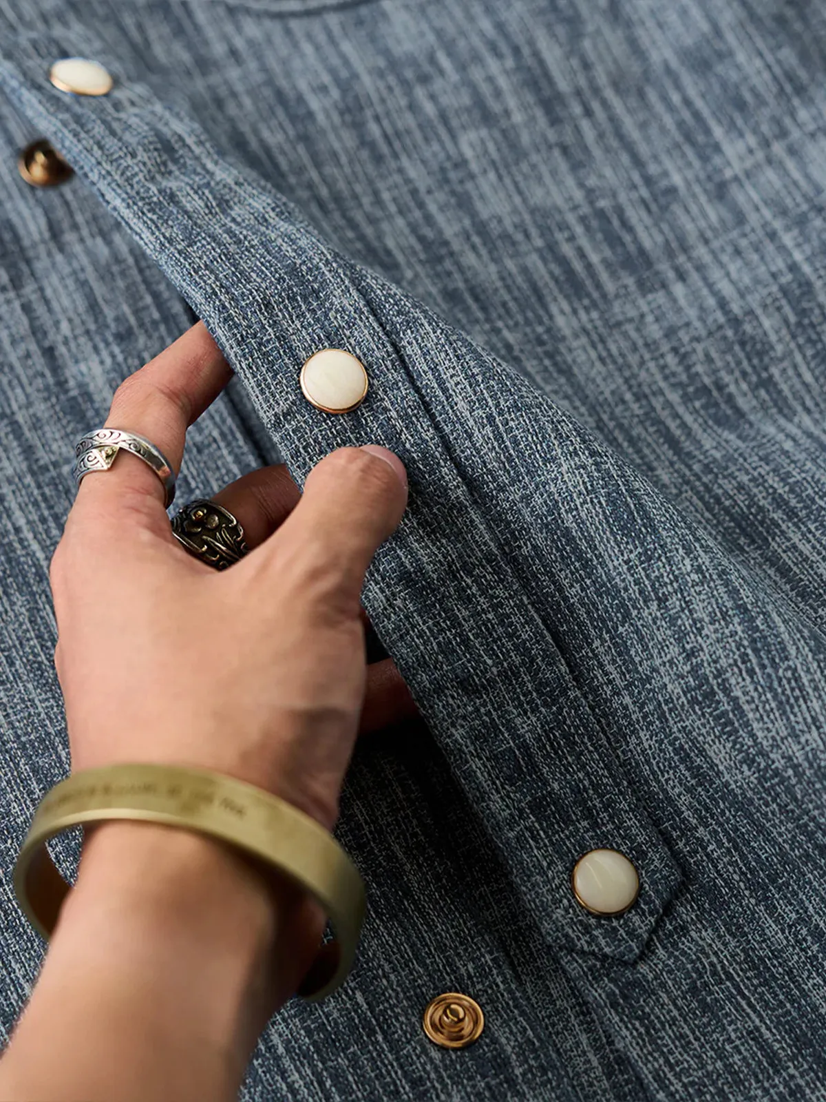 Custom Pearl-Style Buttons Yarn-Dyed Work Shirt with “Karaku” Embroidery sold by Karaku product image thumbnail 4