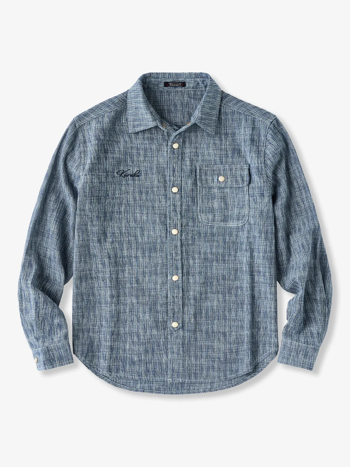 Custom Pearl-Style Buttons Yarn-Dyed Work Shirt with “Karaku” Embroidery sold by Karaku