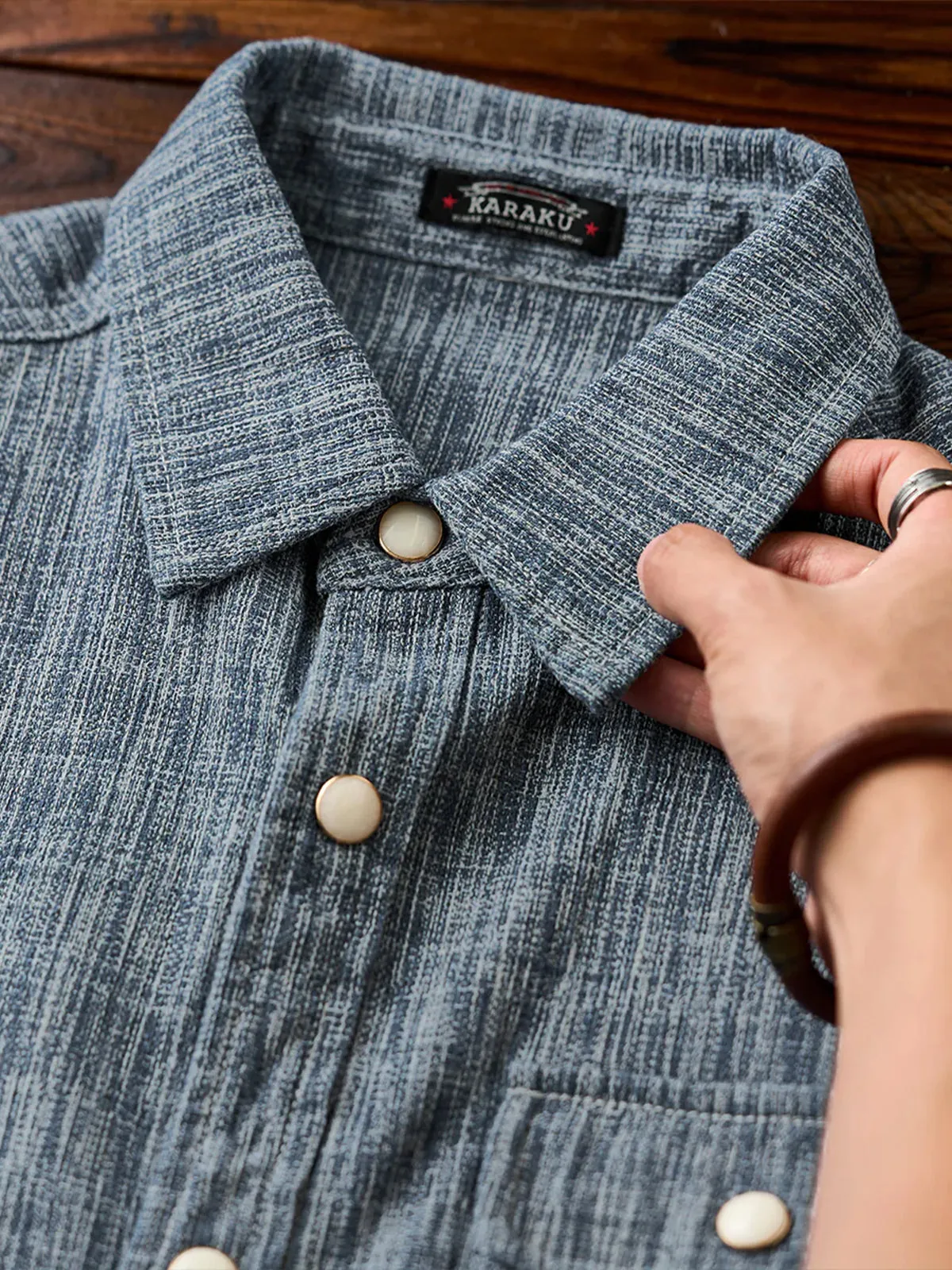 Custom Pearl-Style Buttons Yarn-Dyed Work Shirt with “Karaku” Embroidery sold by Karaku product image thumbnail 3