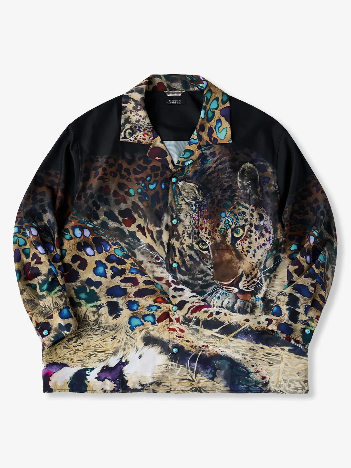 Karaku × Satoshi Kawamata "Dream Leopard" Turquoise-Button Open Collar Long Sleeve Shirt sold by Karaku