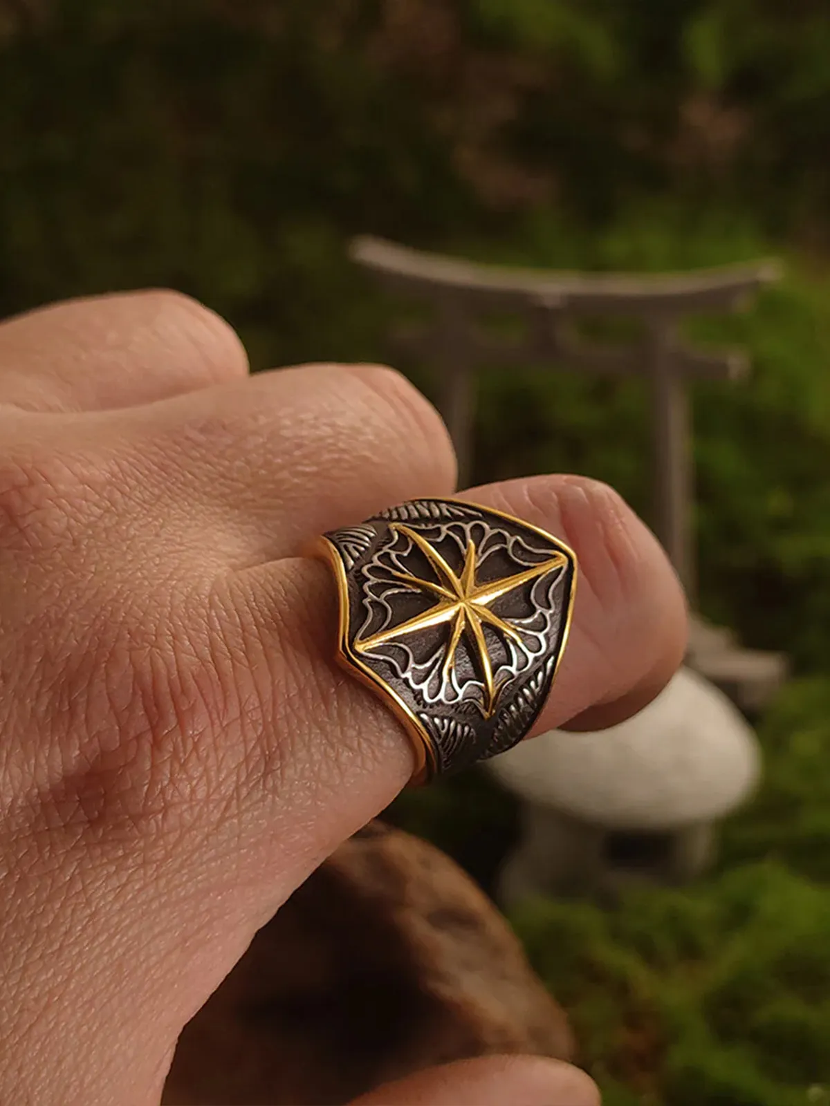 Polaris & Celtic Pattern Antique Gold Titanium Wide Ring sold by Karaku product image thumbnail 4