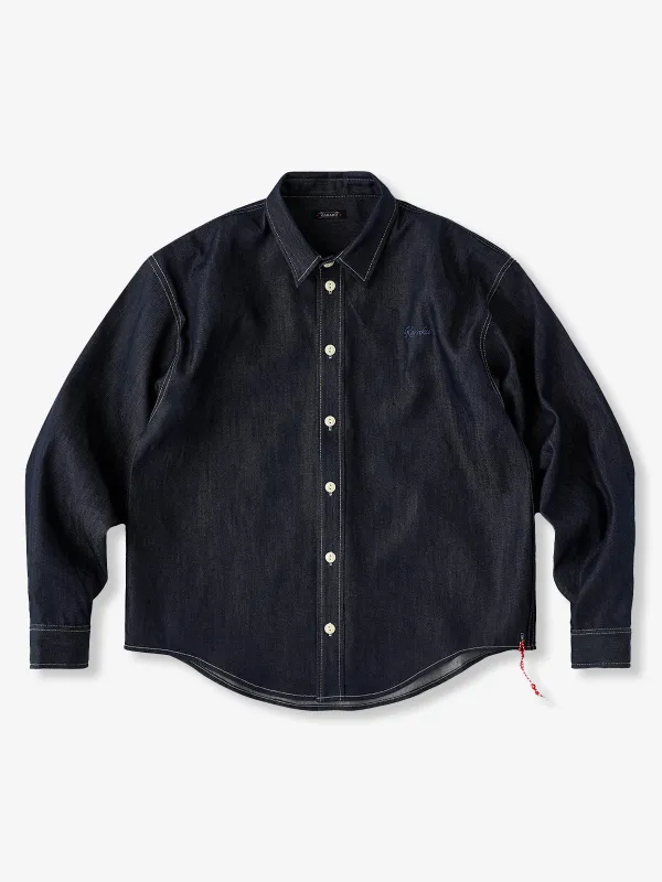 Denim Shirt with “Karaku” Embroidery and Red Cord, White Stitching sold by Karaku
