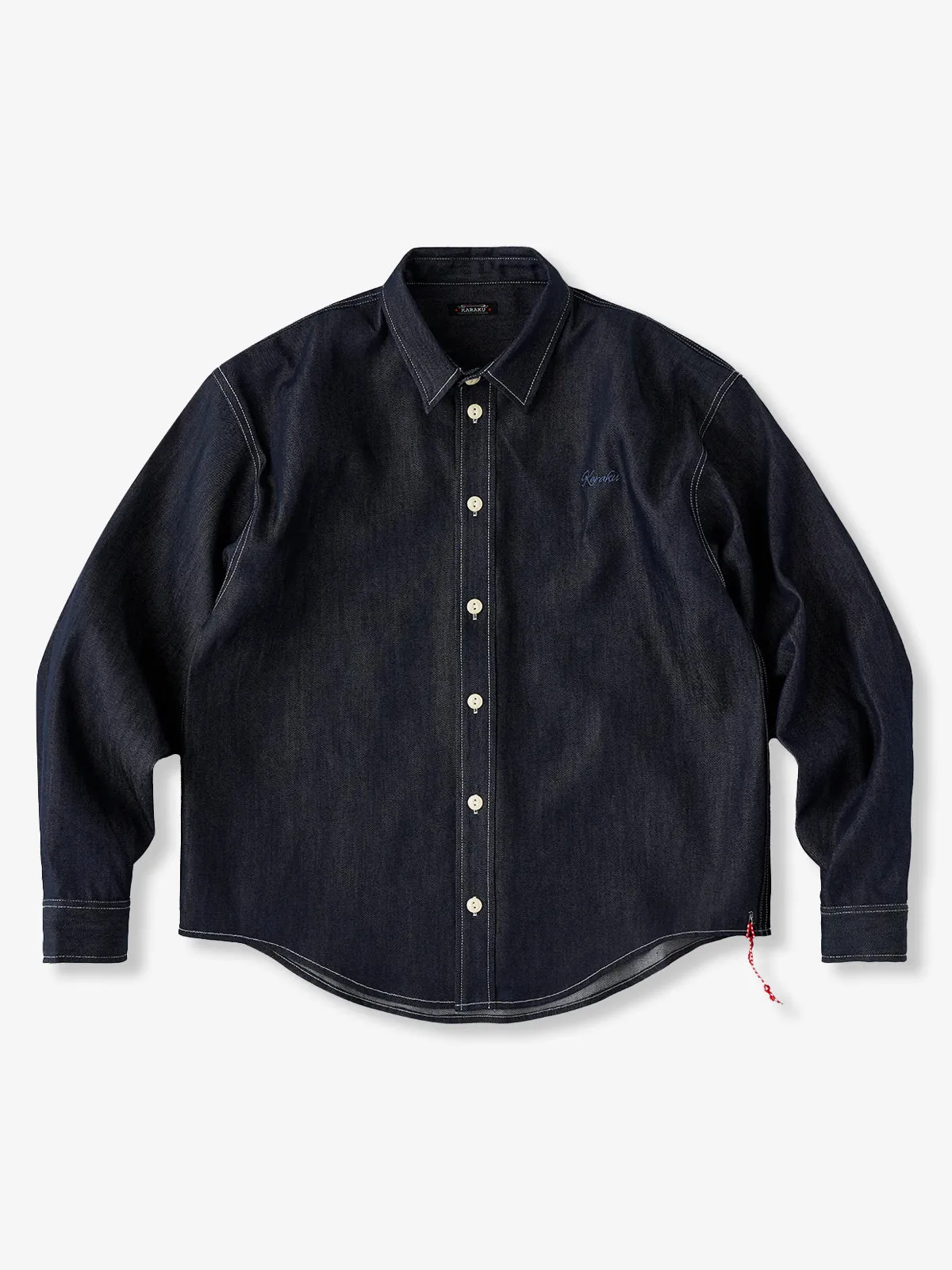 Denim Shirt with “Karaku” Embroidery and Red Cord, White Stitching sold by Karaku
