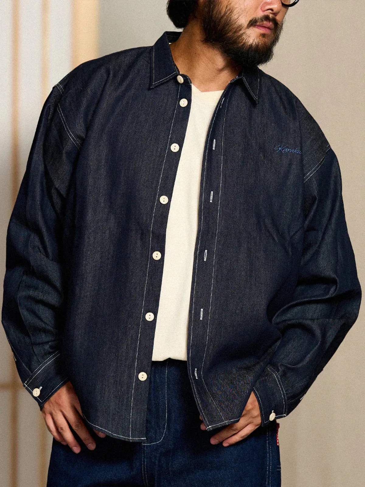 Denim Shirt with “Karaku” Embroidery and Red Cord, White Stitching sold by Karaku product image thumbnail 4