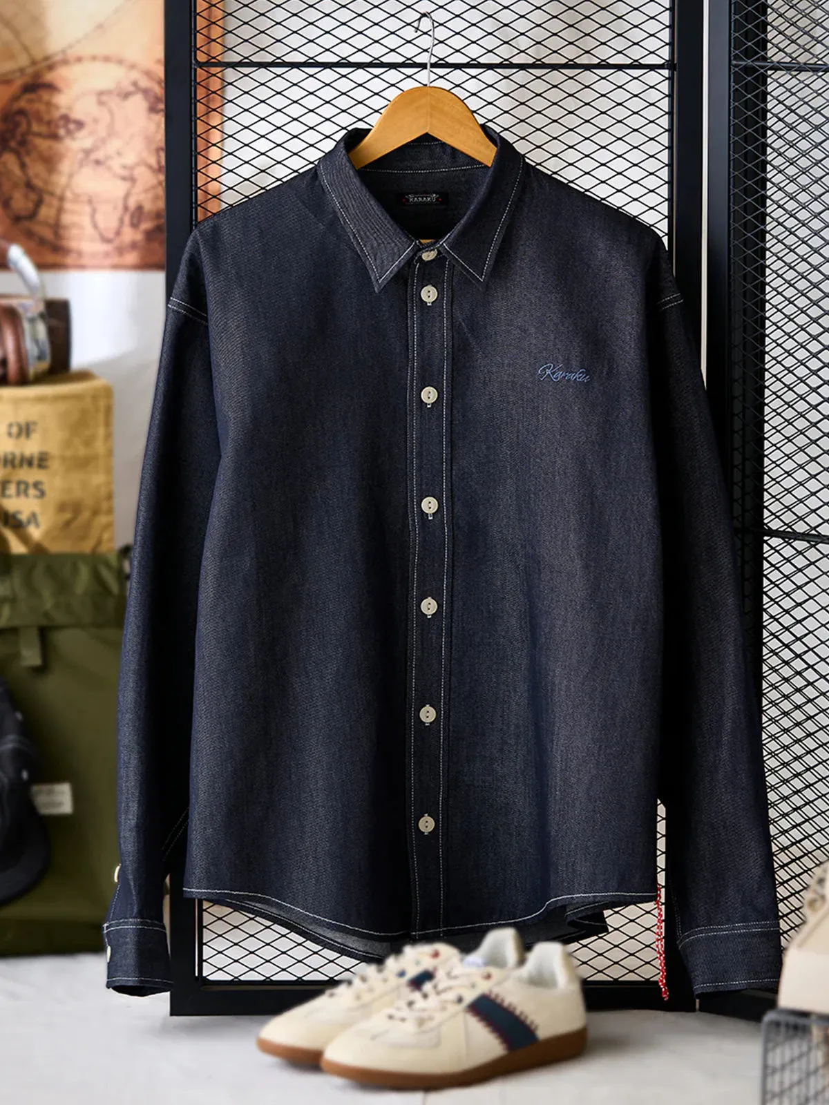 Denim Shirt with “Karaku” Embroidery and Red Cord, White Stitching sold by Karaku product image thumbnail 3