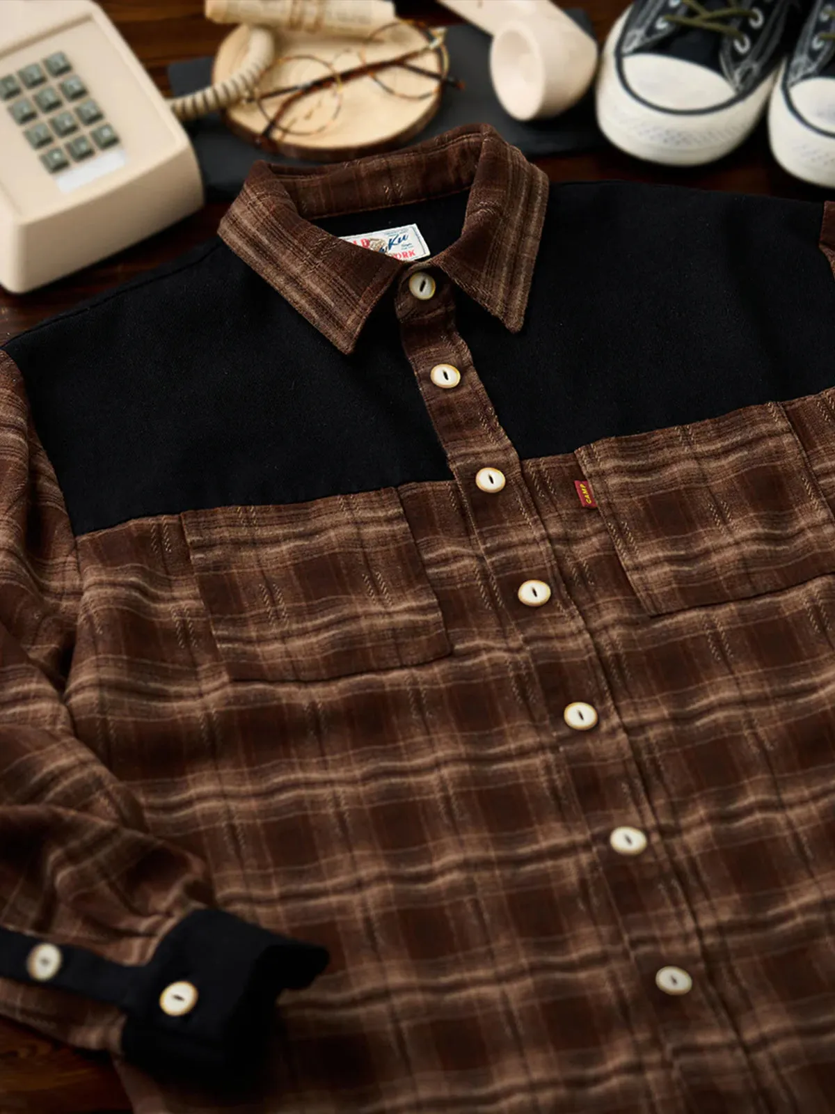 Ombre Check Work Shirt with Denim Yoke Panel sold by Karaku product image thumbnail 4