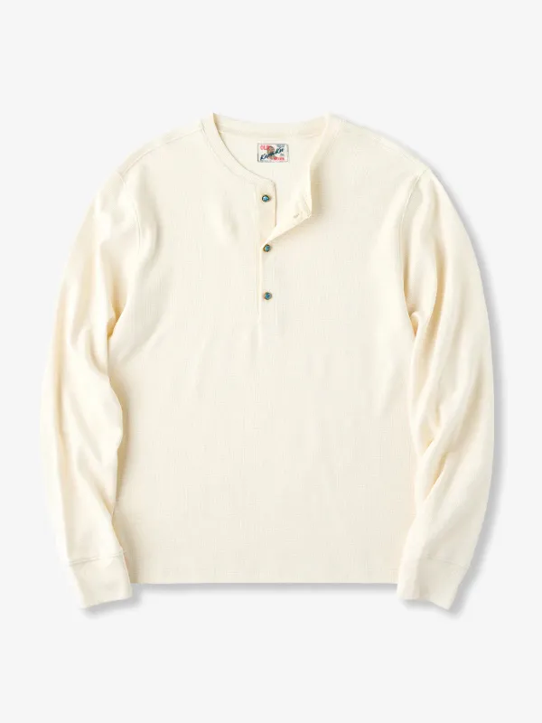 Waffle Henley Neck Long Sleeve T-Shirt with Turquoise-Style 3 Buttons made by Karaku