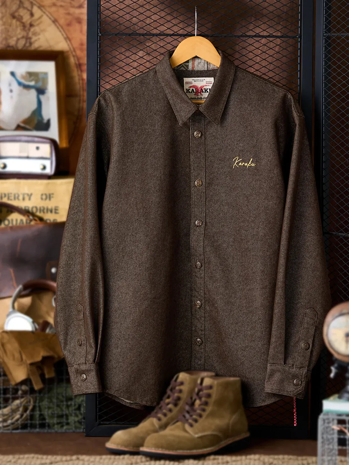 Ethnic-Pattern Lining Denim Shirt with "Karaku" Embroidered Logo& Red Cord Accent sold by Karaku product image thumbnail 3