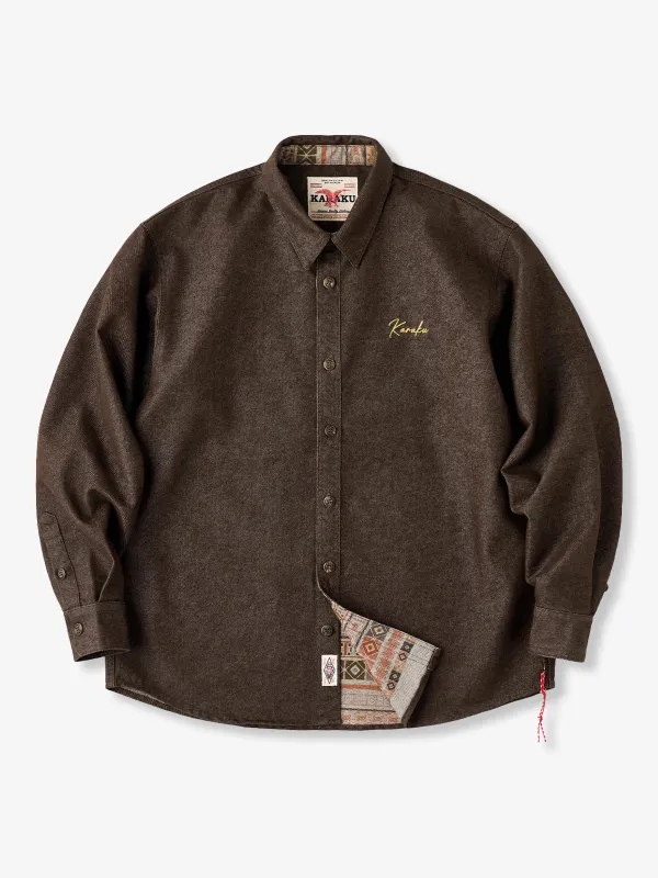 Ethnic-Pattern Lining Denim Shirt with "Karaku" Embroidered Logo& Red Cord Accent sold by Karaku