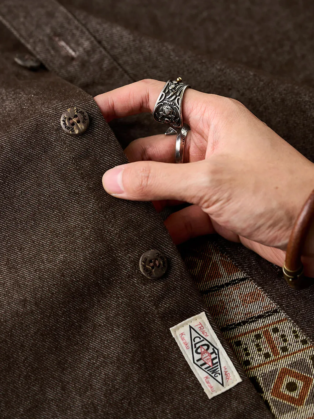 Ethnic-Pattern Lining Denim Shirt with "Karaku" Embroidered Logo& Red Cord Accent sold by Karaku product image thumbnail 5