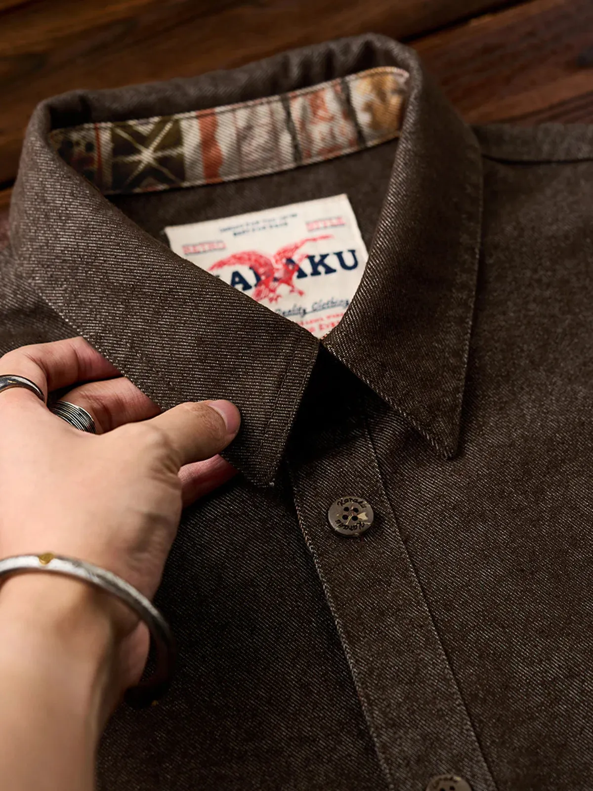 Ethnic-Pattern Lining Denim Shirt with "Karaku" Embroidered Logo& Red Cord Accent sold by Karaku product image thumbnail 4