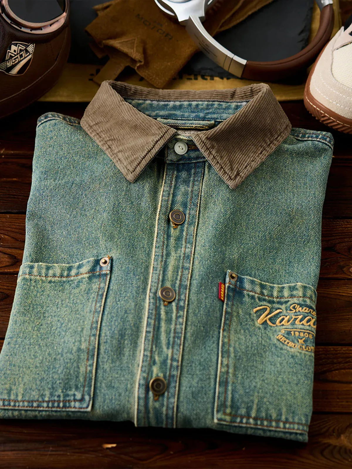 Denim Work Shirt with Retro Print and Corduroy Contrast Collar sold by Karaku product image thumbnail 5