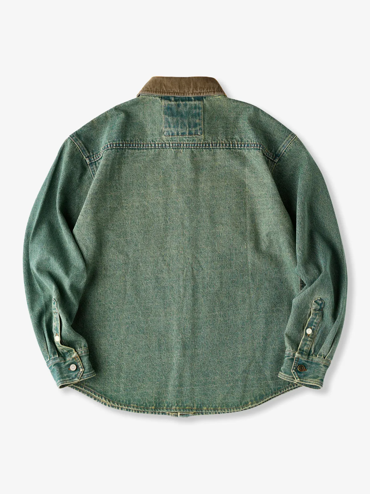 Denim Work Shirt with Retro Print and Corduroy Contrast Collar sold by Karaku product image thumbnail 2
