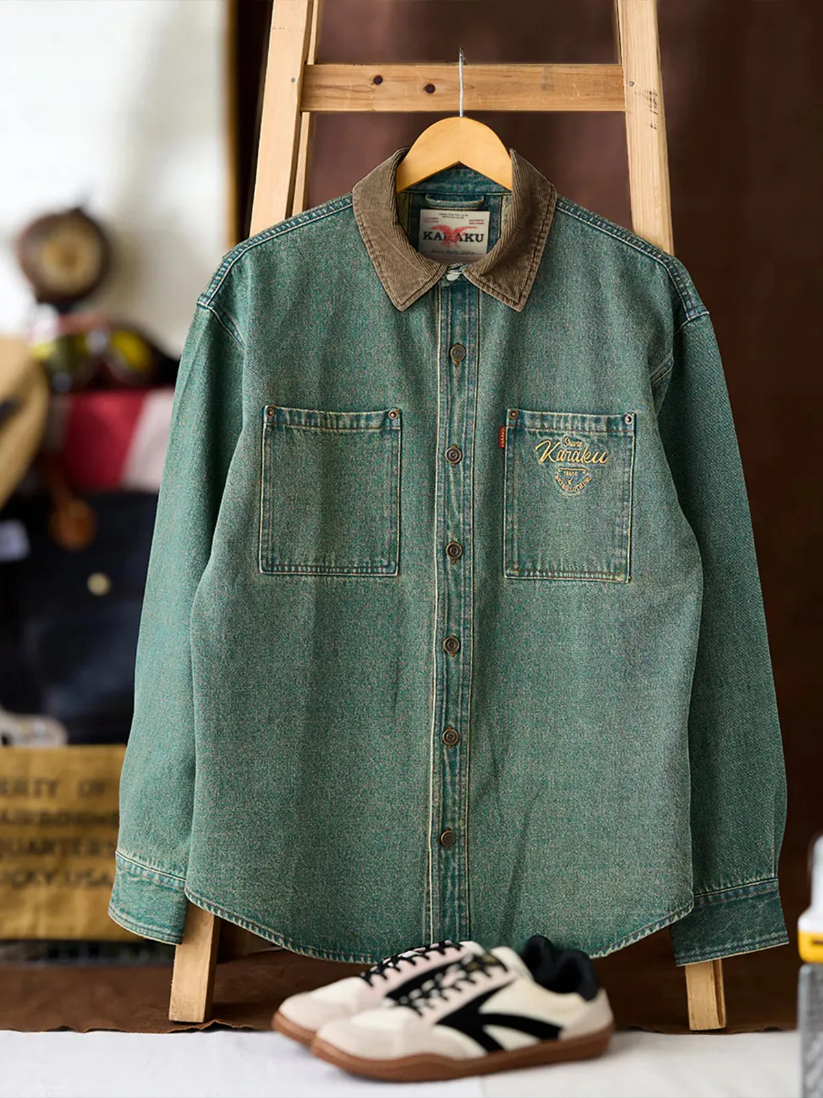 Denim Work Shirt with Retro Print and Corduroy Contrast Collar sold by Karaku product image thumbnail 3
