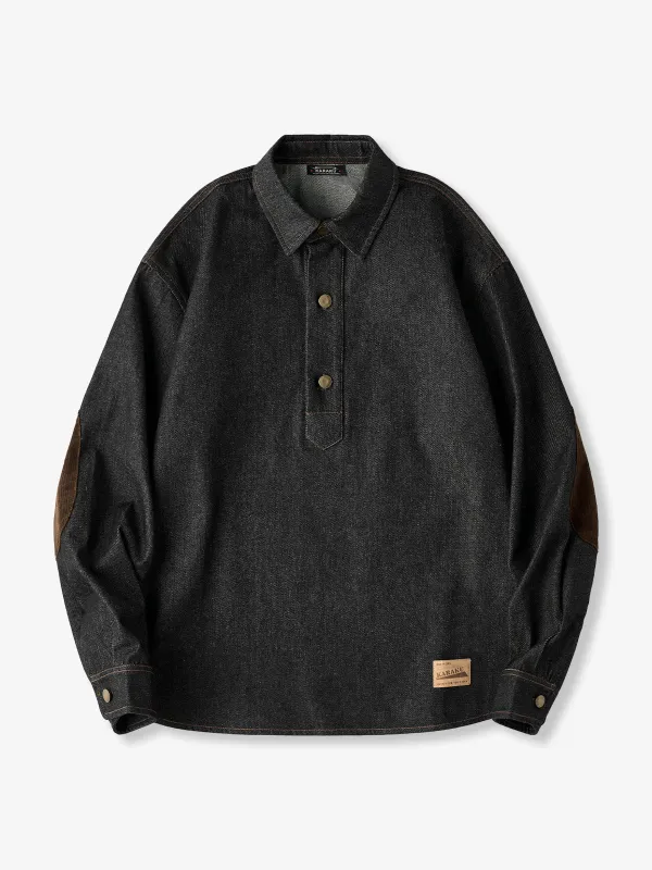 Corduroy Elbow Patch Denim Pullover Shirt with Brass Half-Buttons sold by Karaku