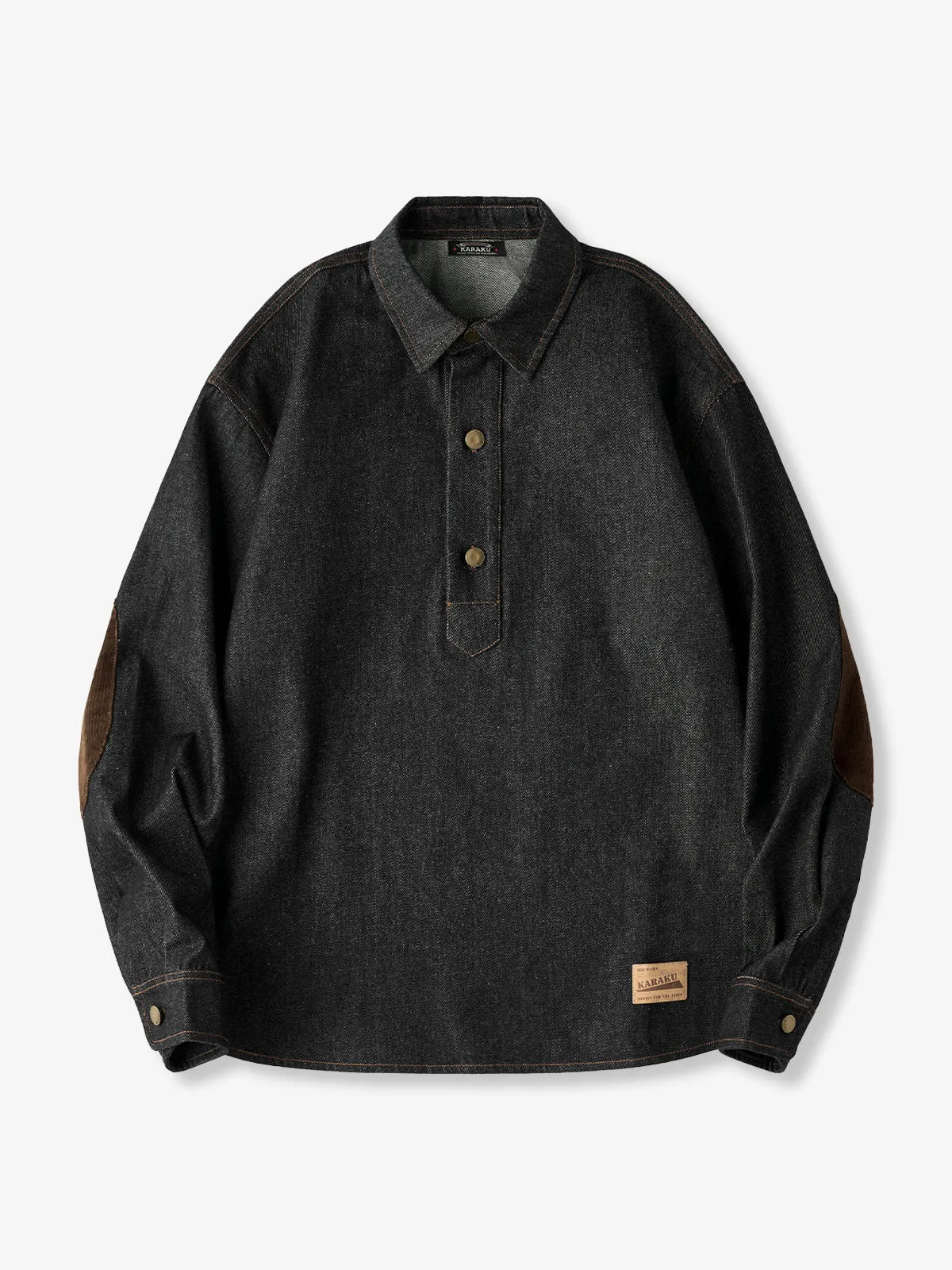 Corduroy Elbow Patch Denim Pullover Shirt with Brass Half-Buttons sold by Karaku