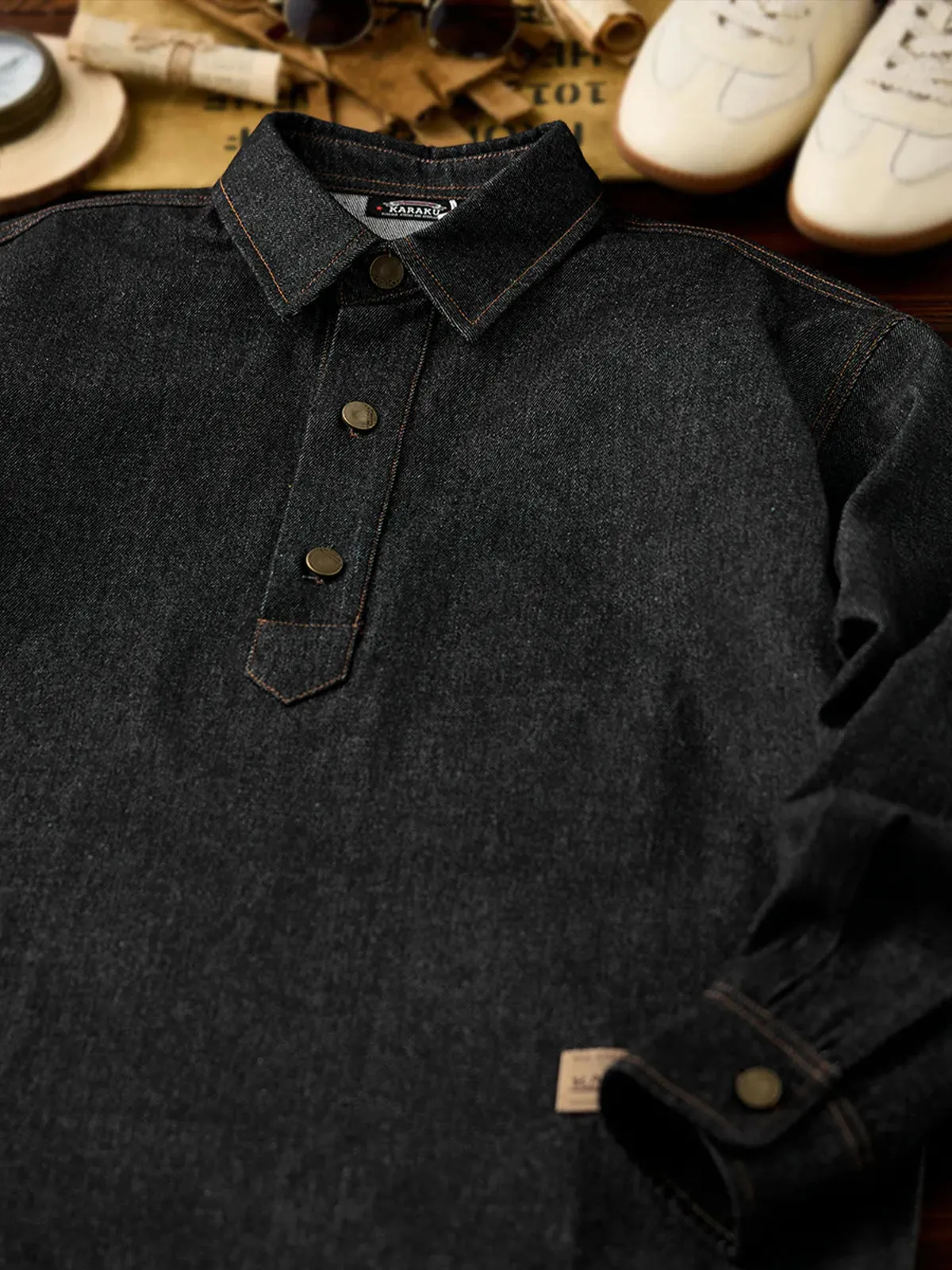 Corduroy Elbow Patch Denim Pullover Shirt with Brass Half-Buttons sold by Karaku product image thumbnail 4