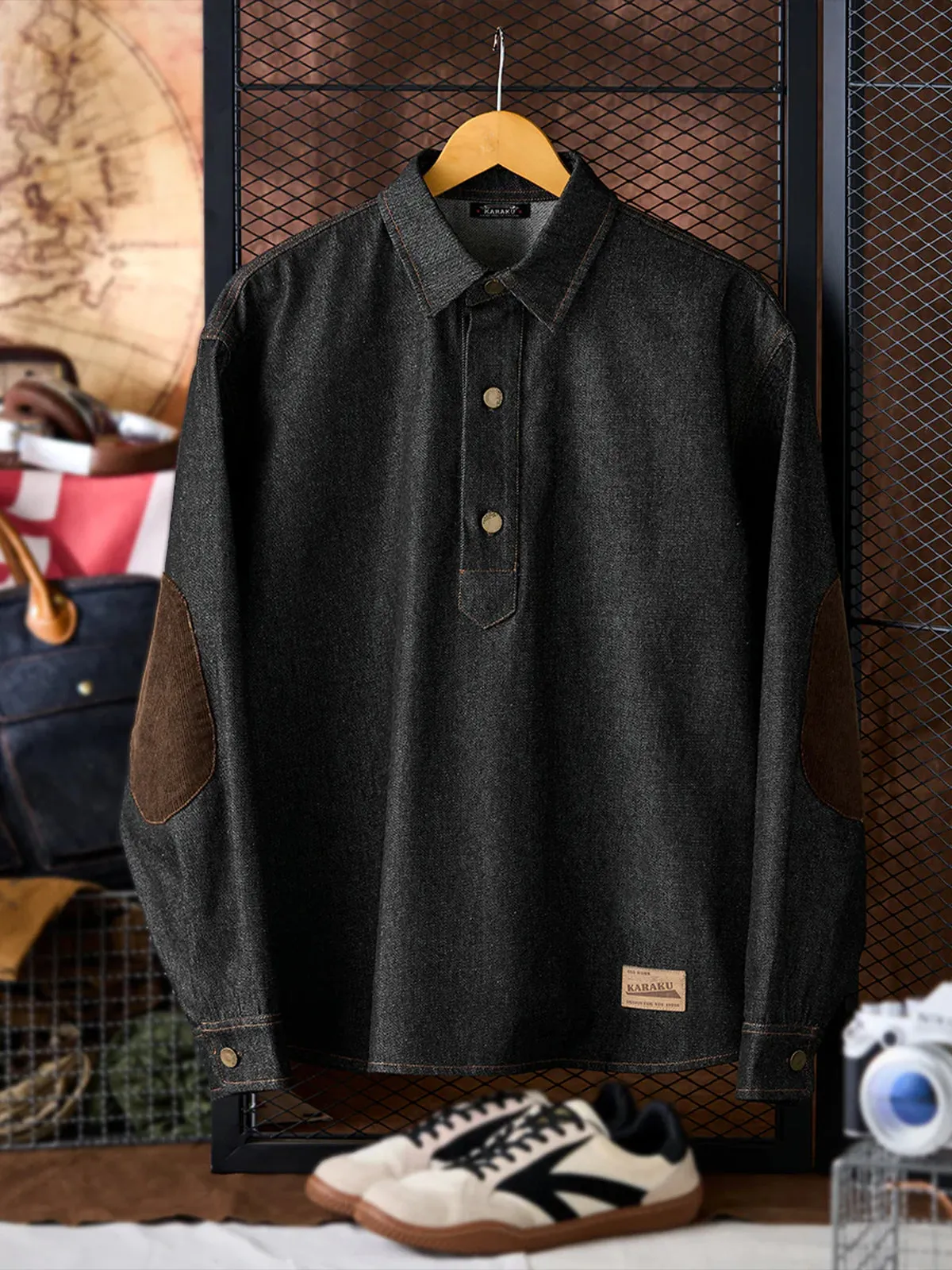 Corduroy Elbow Patch Denim Pullover Shirt with Brass Half-Buttons sold by Karaku product image thumbnail 3