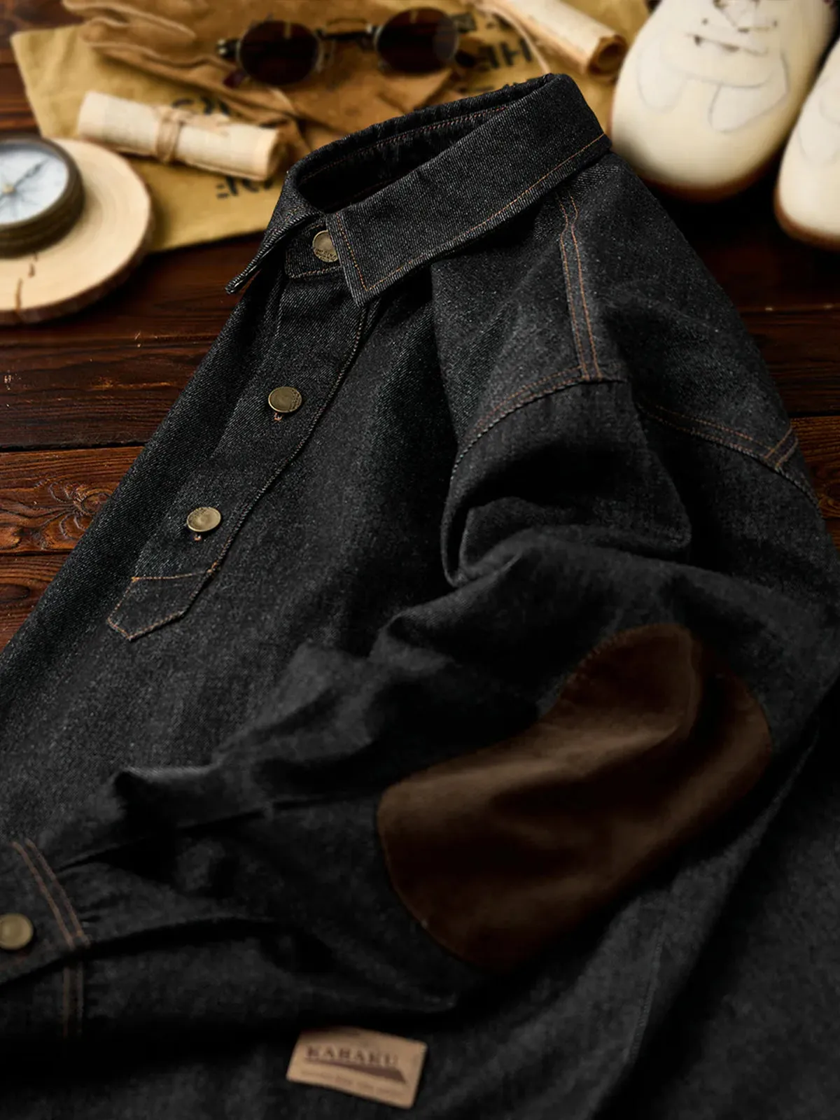 Corduroy Elbow Patch Denim Pullover Shirt with Brass Half-Buttons sold by Karaku product image thumbnail 5