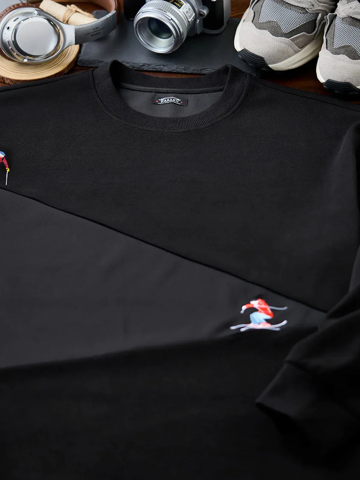 “Snow Mountain Skier” Embroidered Long Sleeve T-Shirt with Contrast Panels sold by Karaku product image thumbnail 4