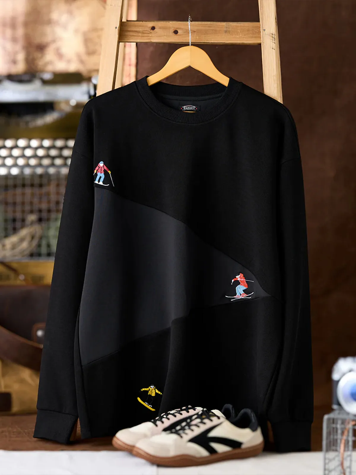 “Snow Mountain Skier” Embroidered Long Sleeve T-Shirt with Contrast Panels sold by Karaku product image thumbnail 3