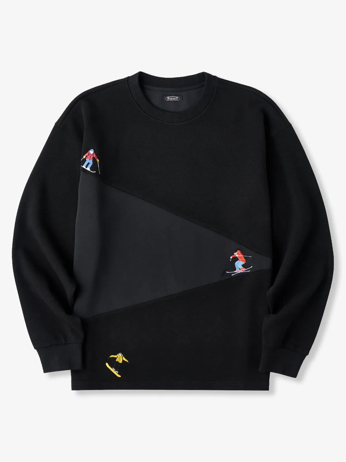 “Snow Mountain Skier” Embroidered Long Sleeve T-Shirt with Contrast Panels sold by Karaku