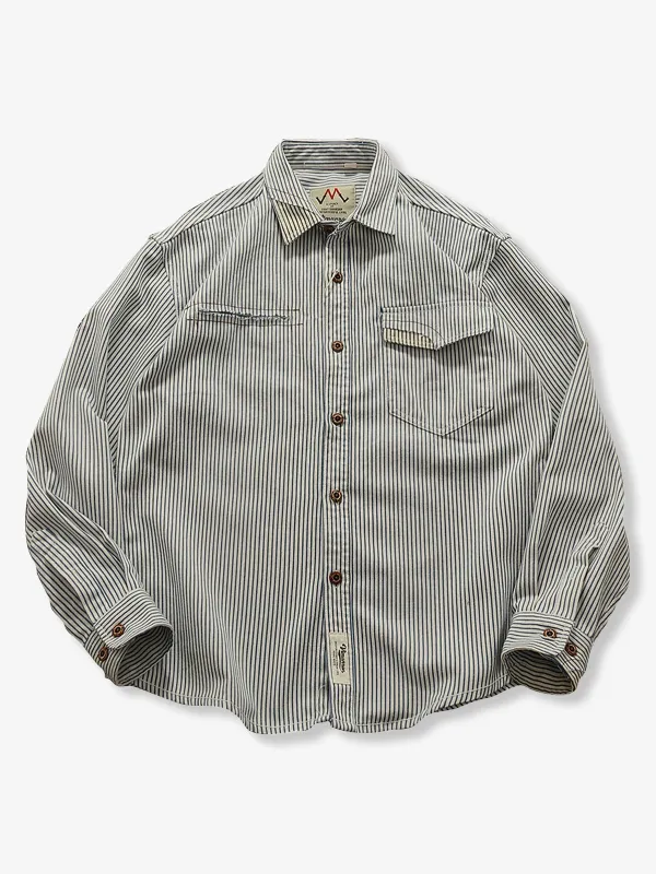 Hickory Stripe Work Shirt with Color-Block Accents sold by Karaku