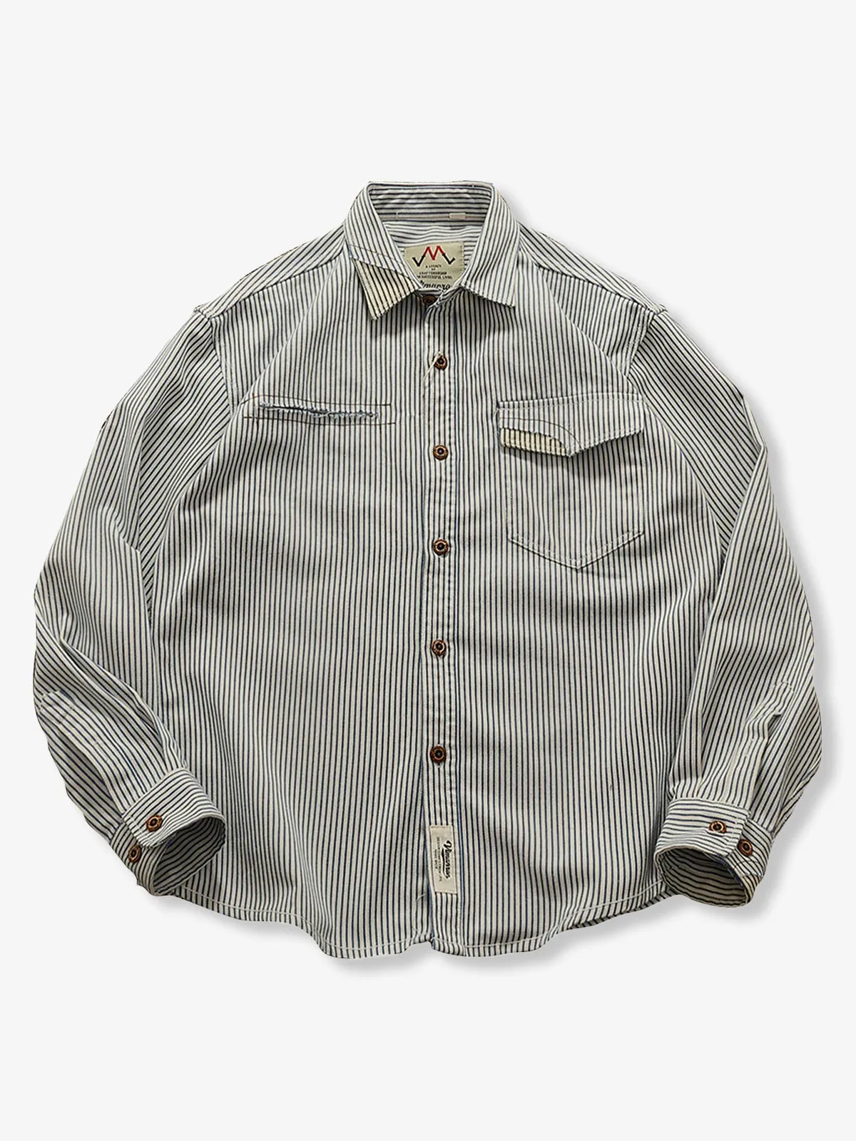 Hickory Stripe Work Shirt with Color-Block Accents sold by Karaku