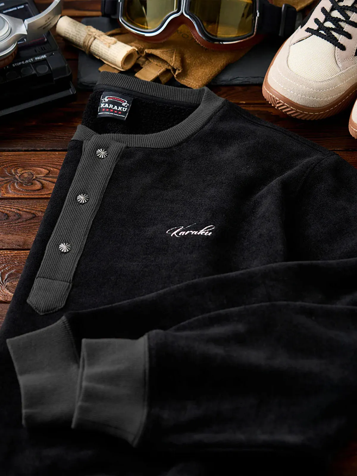 Henley Neck Fleece Sweatshirt with “KaraKu” Embroidery (Double-Sided Brushed) sold by Karaku product image thumbnail 5
