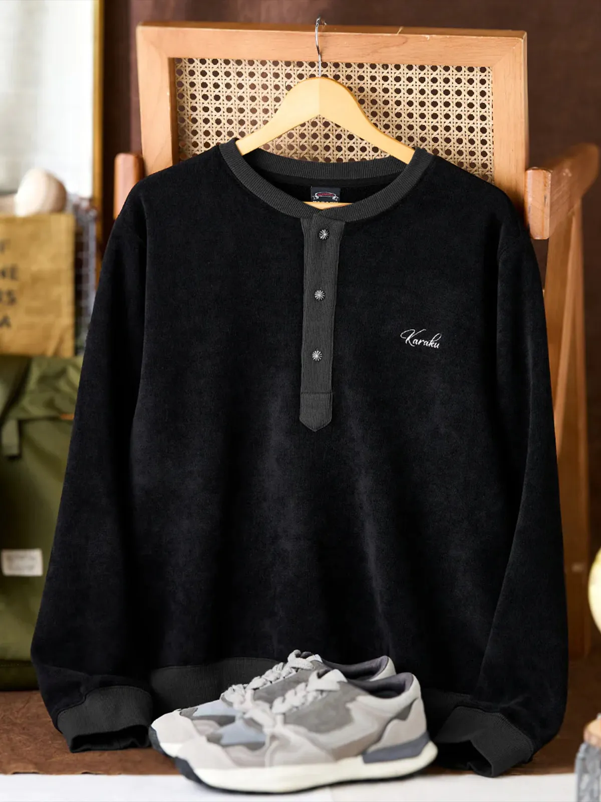Henley Neck Fleece Sweatshirt with “KaraKu” Embroidery (Double-Sided Brushed) sold by Karaku product image thumbnail 3