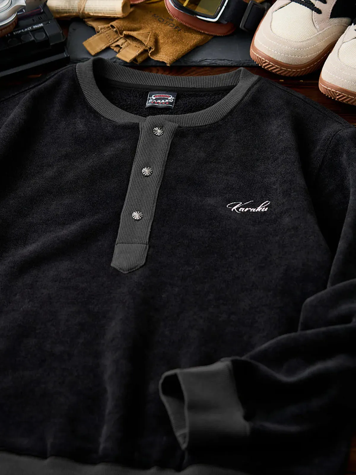 Henley Neck Fleece Sweatshirt with “KaraKu” Embroidery (Double-Sided Brushed) sold by Karaku product image thumbnail 4