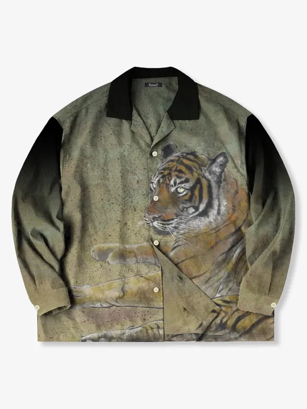 Karaku × Satoshi Kawamata “Tiger Illustration” Printed Open-Collar Shirt sold by Karaku