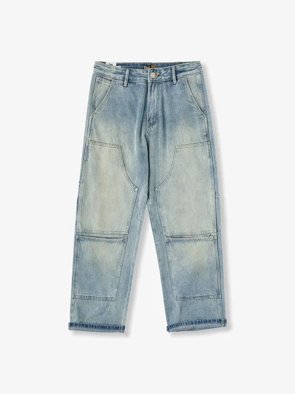 Washed Multi-Pocket Double-Knee Denim Work Pants sold by Karaku