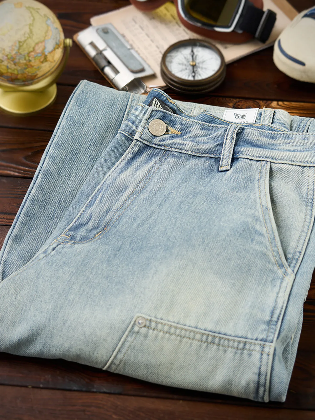 Washed Multi-Pocket Double-Knee Denim Work Pants sold by Karaku product image thumbnail 5