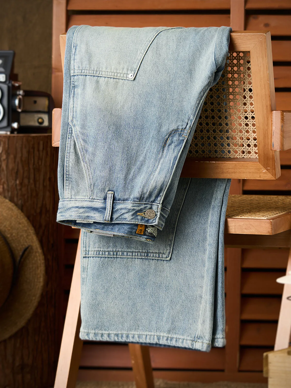 Washed Multi-Pocket Double-Knee Denim Work Pants sold by Karaku product image thumbnail 3