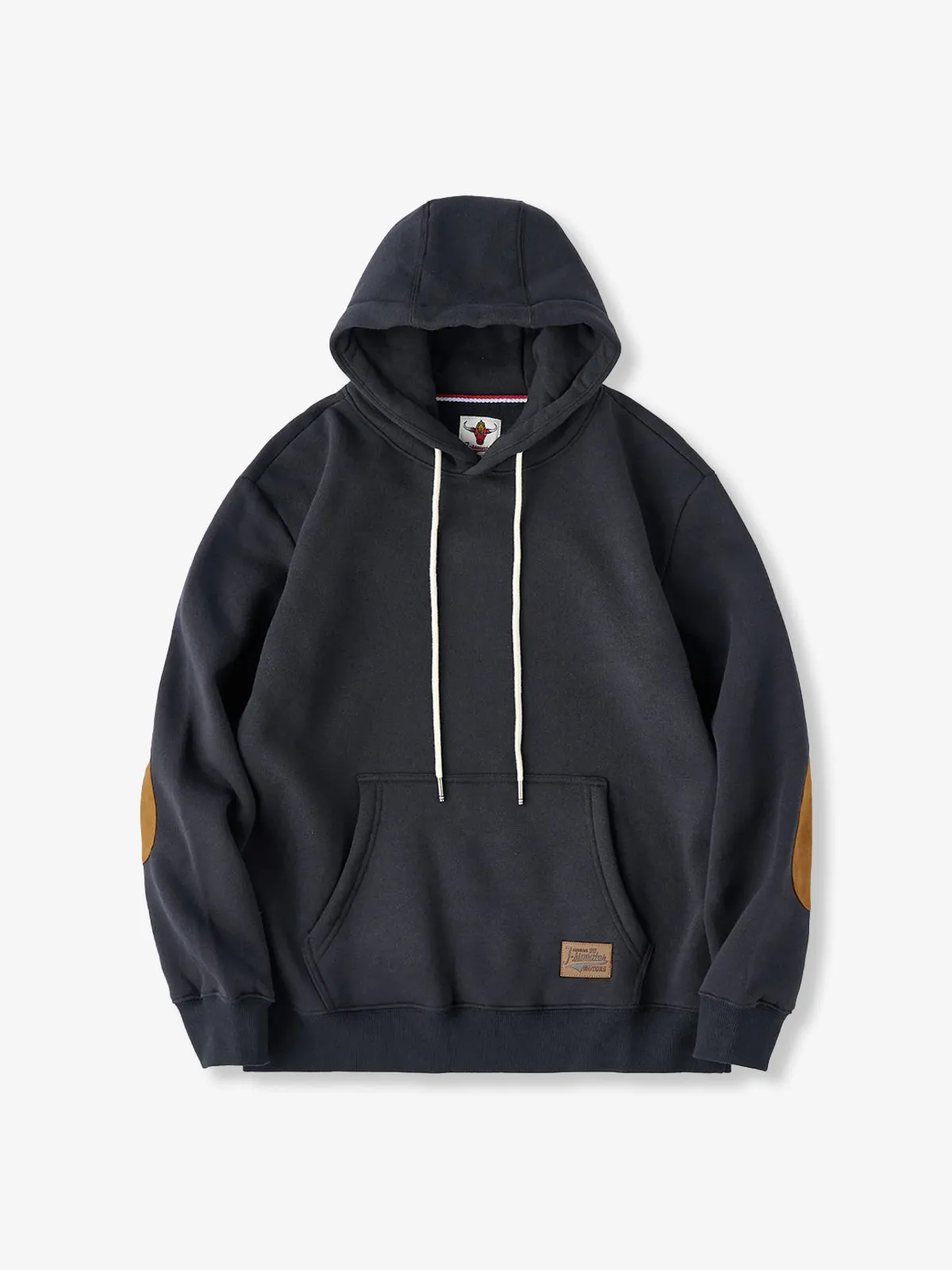 Pullover hoodie with brushed lining and contrast elbow patches sold by Karaku