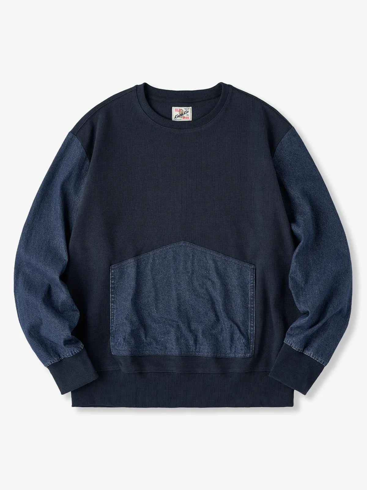 Waffle Pullover Sweatshirt with Washed Denim Sleeve and Pocket Panels sold by Karaku