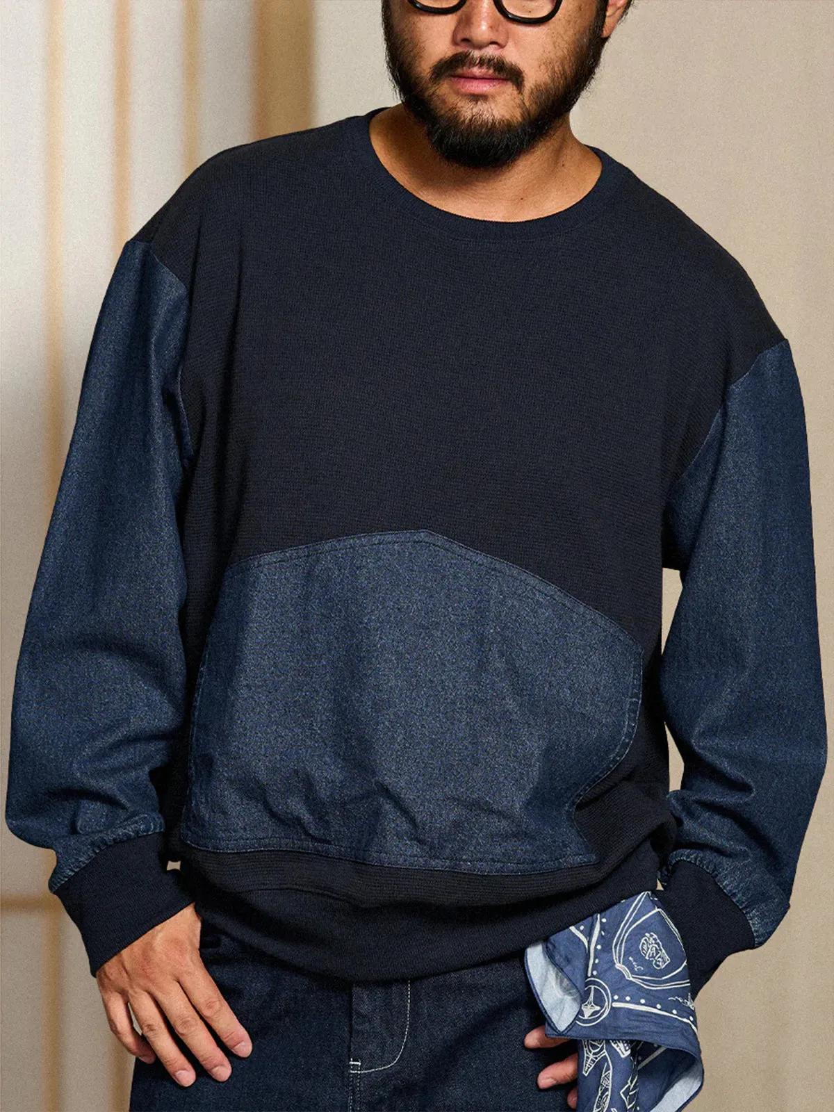 Waffle Pullover Sweatshirt with Washed Denim Sleeve and Pocket Panels sold by Karaku product image thumbnail 4