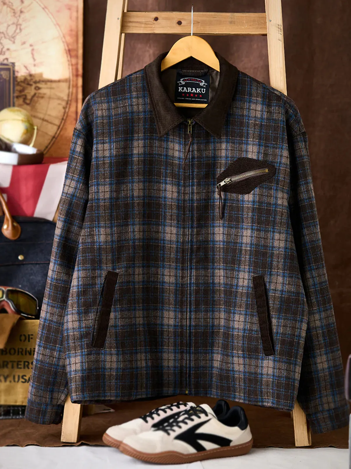 Corduroy-Contrast Wool-Blend Tweed Check Detroit Jacket sold by Karaku product image thumbnail 3