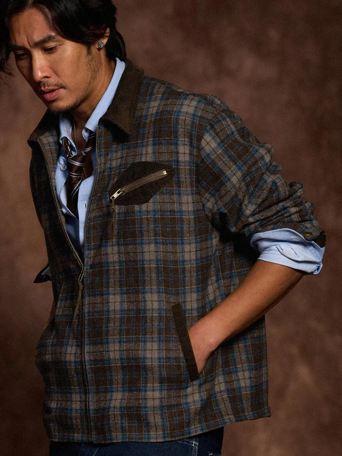 Corduroy-Contrast Wool-Blend Tweed Check Detroit Jacket sold by Karaku product image thumbnail 5