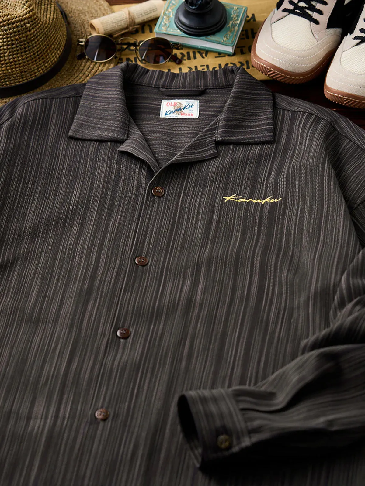 "Karaku" Embroidered Stripe Jacquard Open-Collar Shirt sold by Karaku product image thumbnail 4