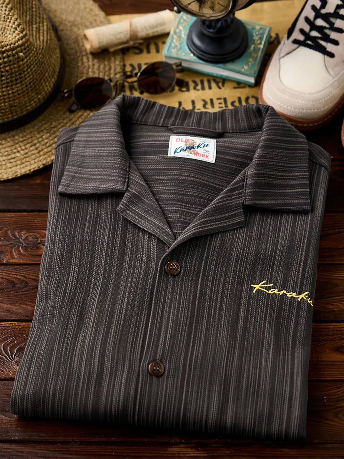 "Karaku" Embroidered Stripe Jacquard Open-Collar Shirt sold by Karaku product image thumbnail 5