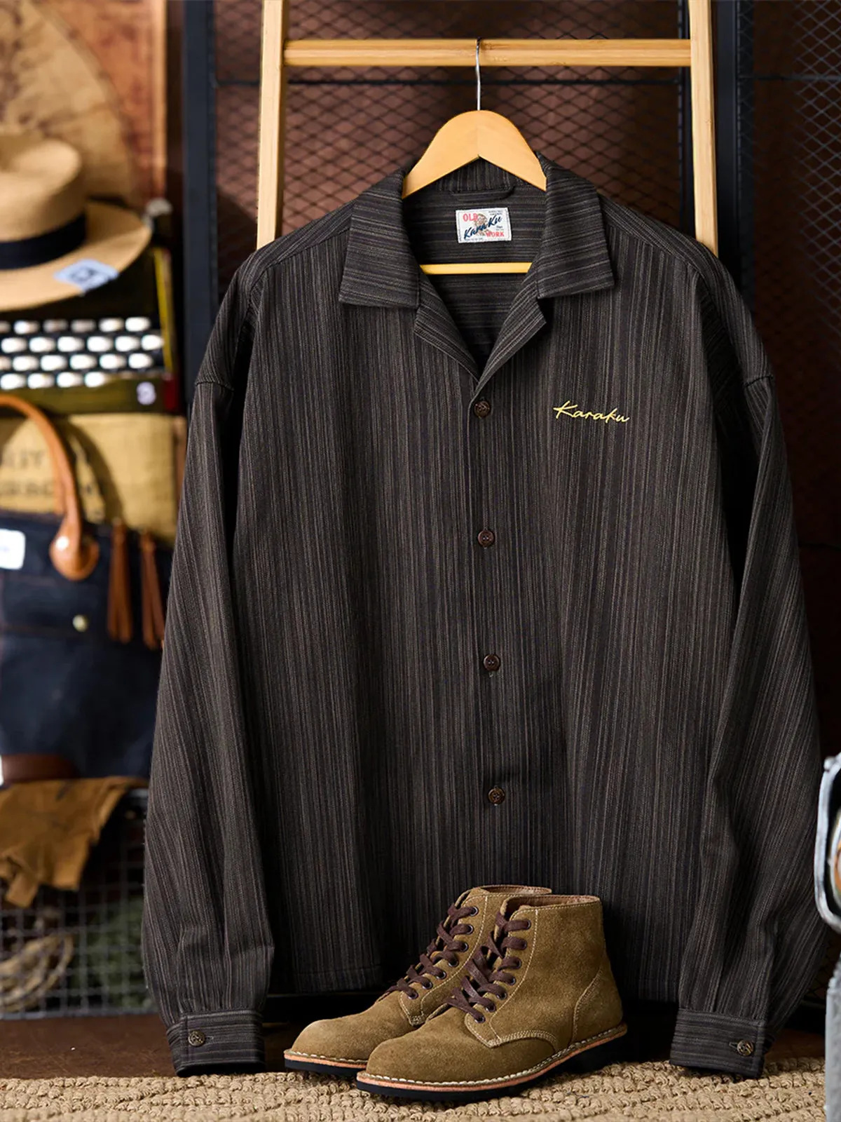 "Karaku" Embroidered Stripe Jacquard Open-Collar Shirt sold by Karaku product image thumbnail 3