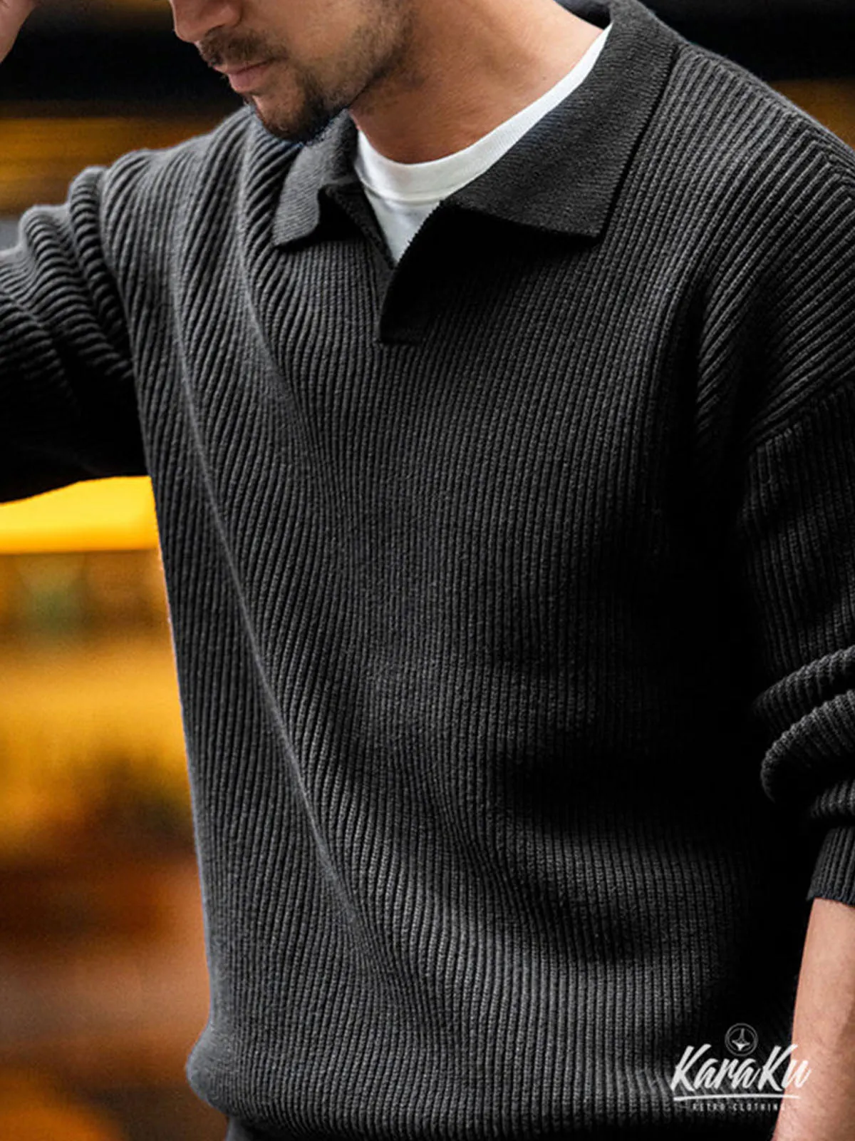 Ribbed Knitted Cotton Polo Collar Sweater sold by Karaku product image thumbnail 3