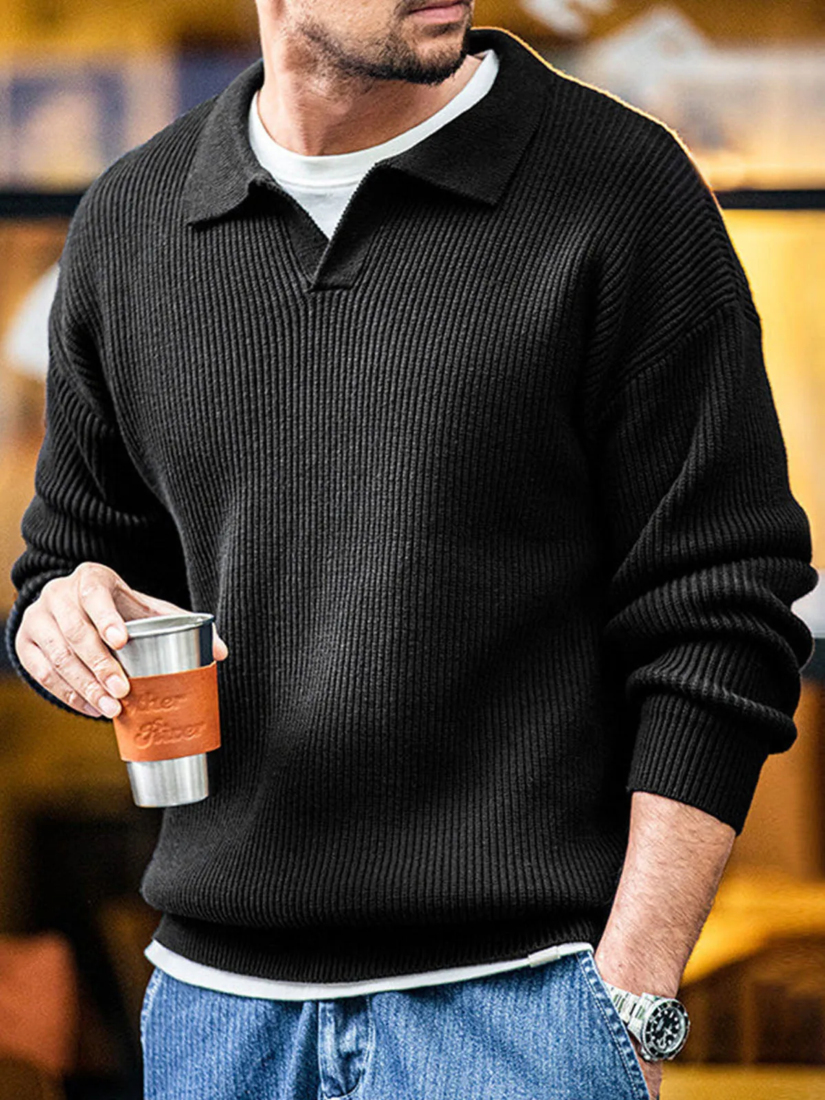 Ribbed Knitted Cotton Polo Collar Sweater sold by Karaku product image thumbnail 4