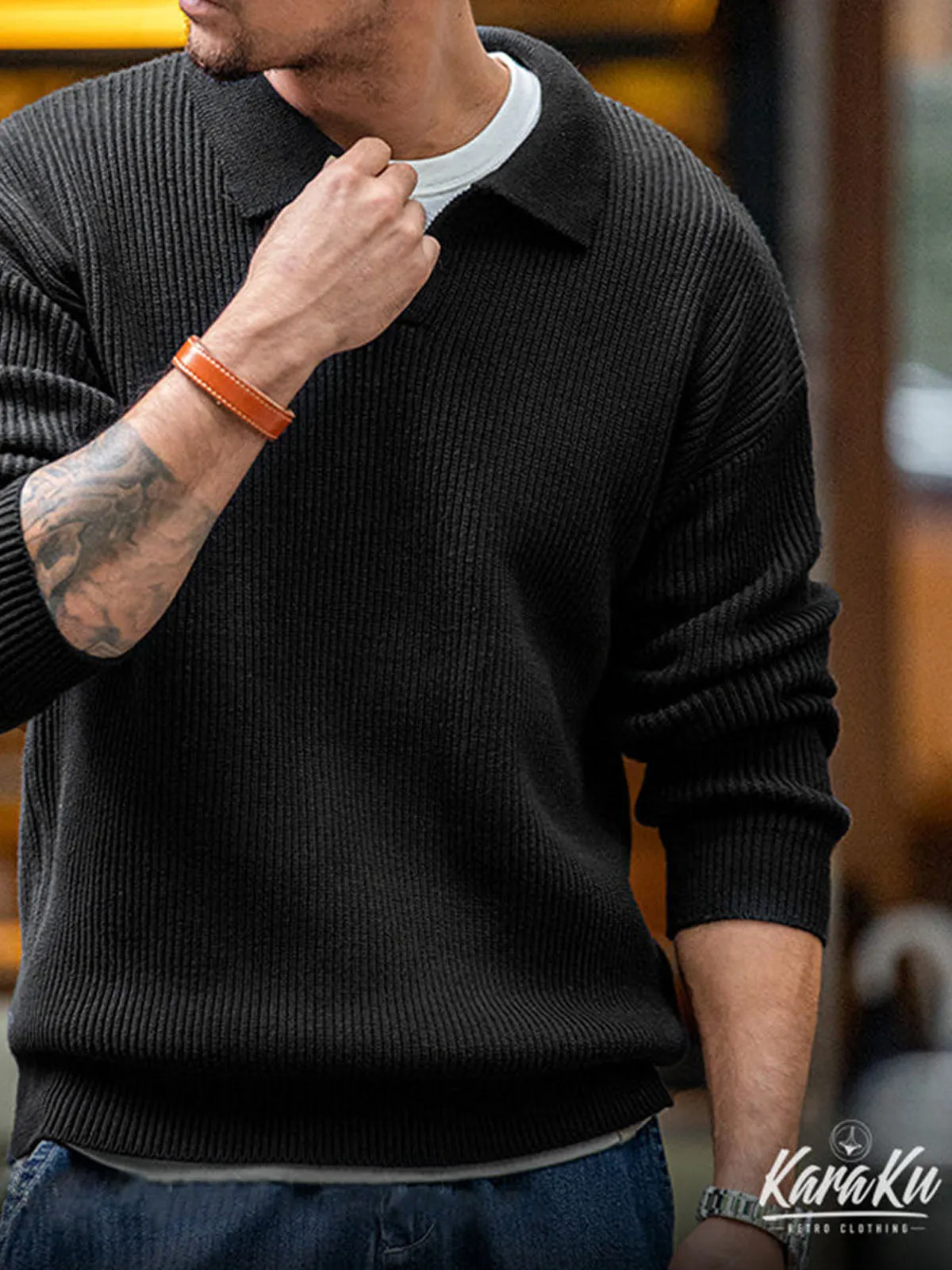 Ribbed Knitted Cotton Polo Collar Sweater sold by Karaku product image thumbnail 5