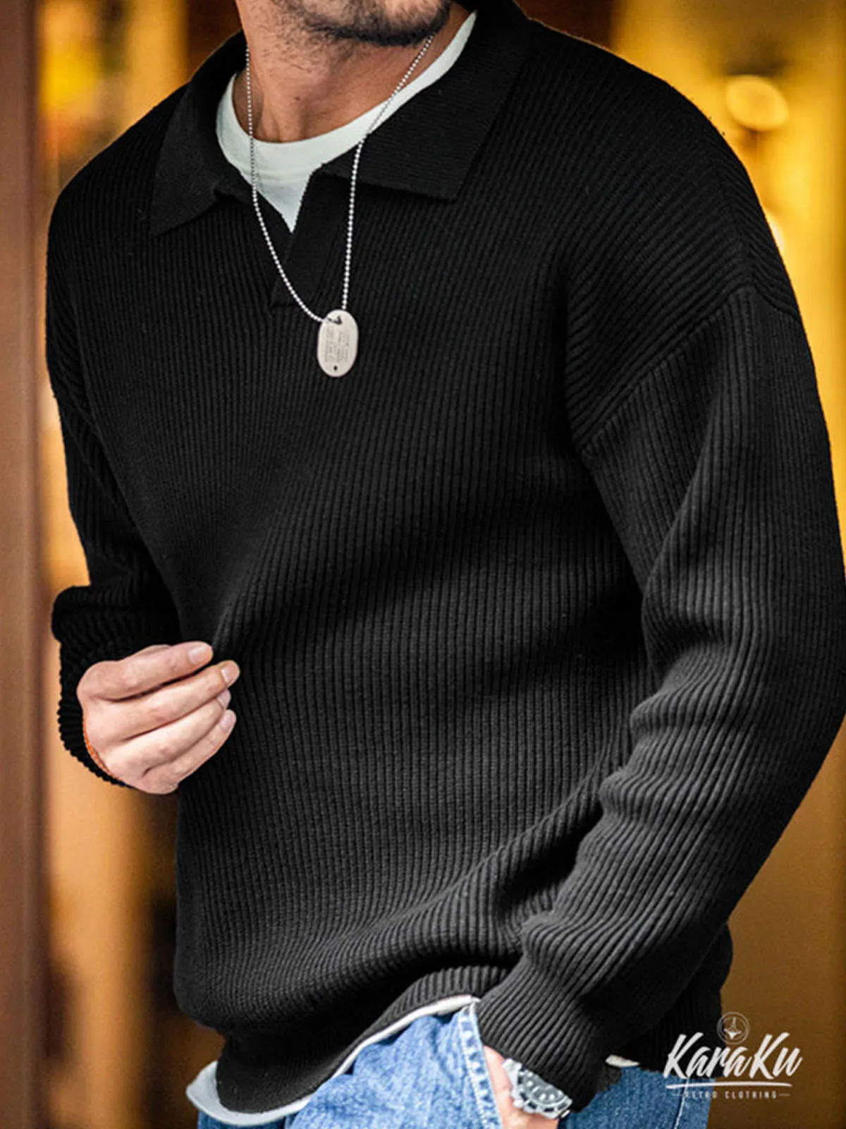Ribbed Knitted Cotton Polo Collar Sweater sold by Karaku product image thumbnail 2