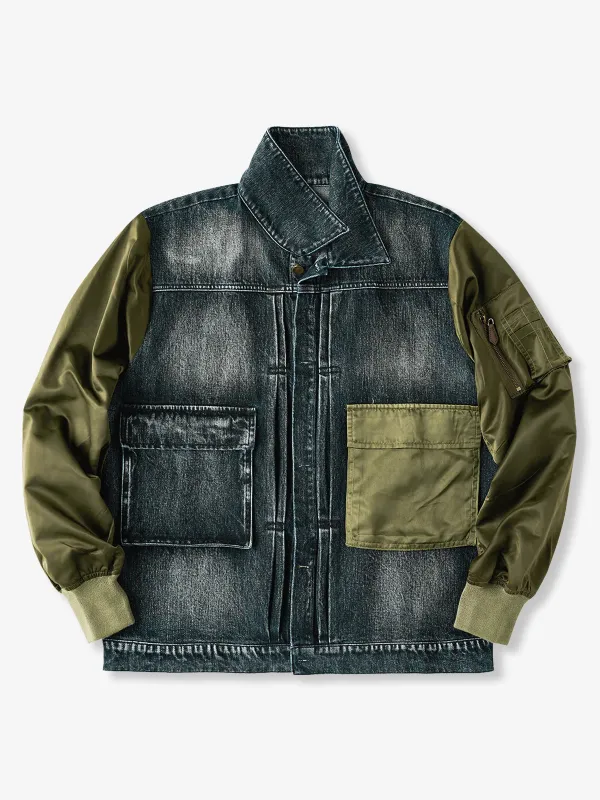 Reconstructed Nylon and Denim Combo Flight Jacket sold by Karaku